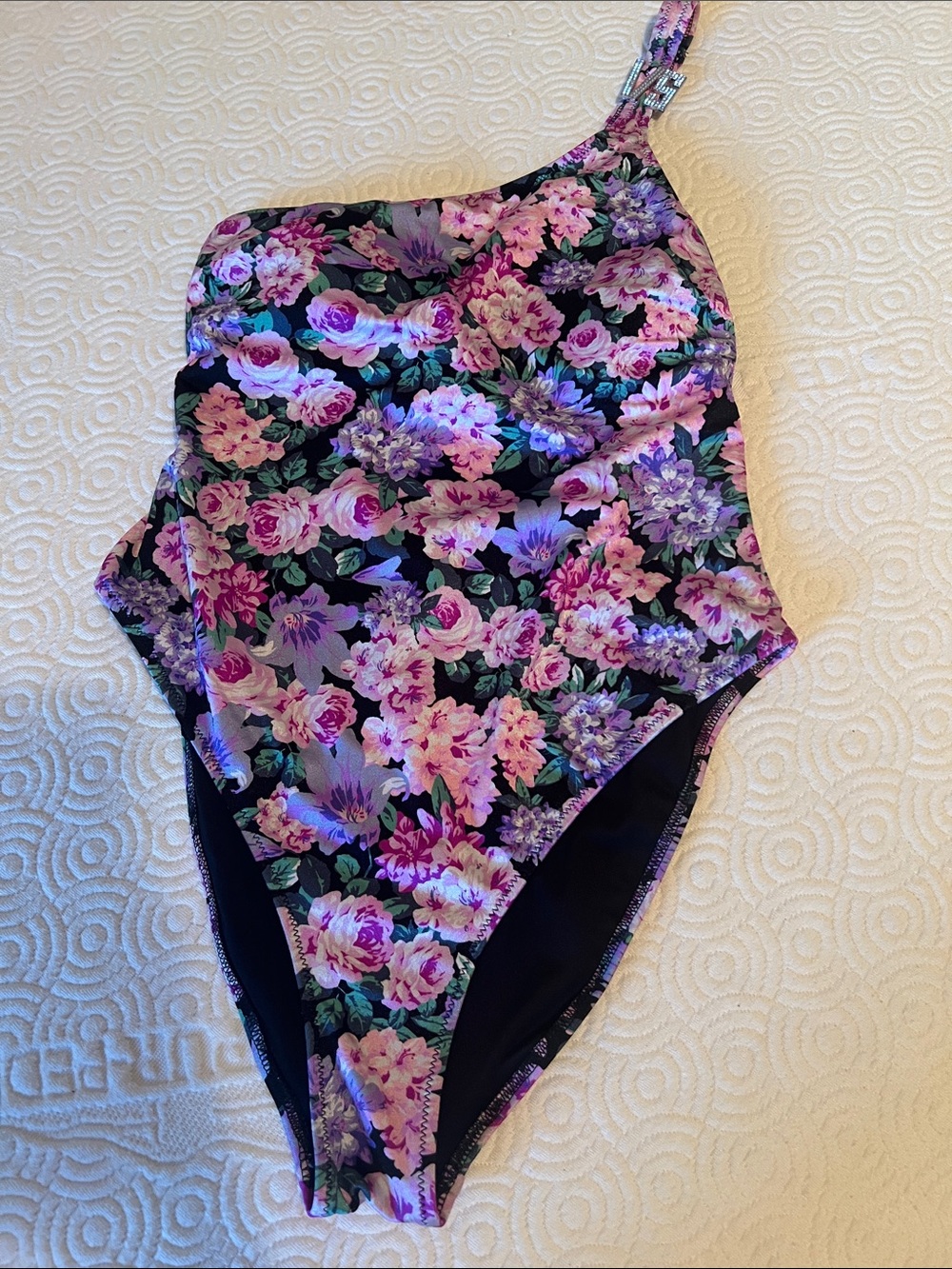 Victoria's Secret Black One-Shoulder Swimsuit with Pink & Purple Floral Trim